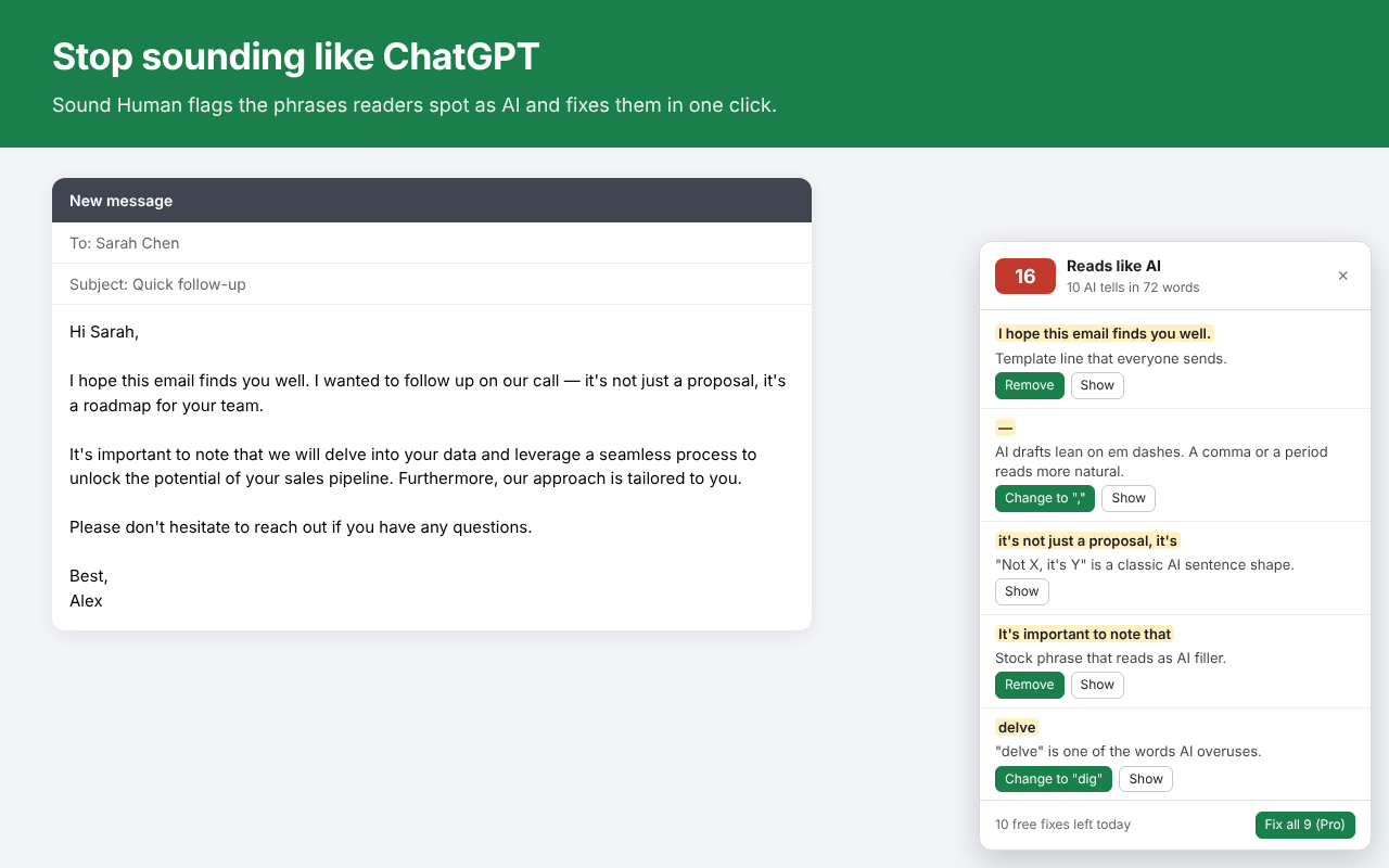 Sound Human flagging AI phrases in an email draft